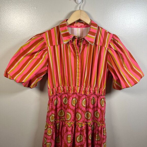 Brooks Ave Banyan Puff Sleeve Maxi Dress Size Large Pink Red Maximalist Bright - Picture 5 of 11